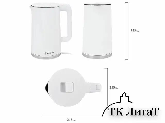 Чайник электрический с двойными стенками SONNEN KT-8718W, 1,7 л, 2200 Вт, белый, 454685