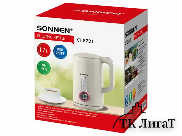Чайник с терморегулятором и дисплеем, ДВОЙНЫЕ СТЕНКИ, SONNEN KT-8721, 1,7 л, 2200 Вт, бежевый, 454688