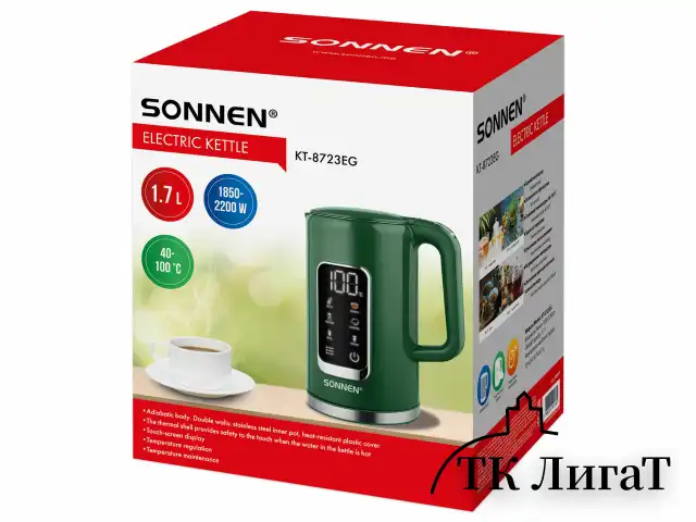 Чайник с терморегулятором и дисплеем, ДВОЙНЫЕ СТЕНКИ, SONNEN KT-8723EG, 1,7 л, 2200 Вт, изумрудный, 454689