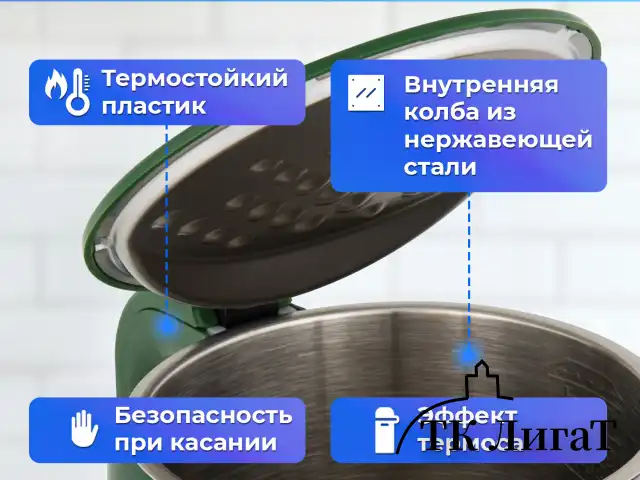 Чайник с терморегулятором и дисплеем, ДВОЙНЫЕ СТЕНКИ, SONNEN KT-8723EG, 1,7 л, 2200 Вт, изумрудный, 454689