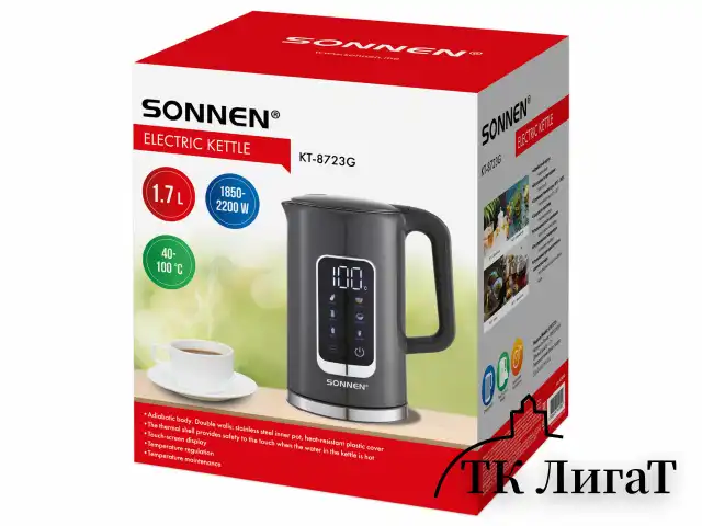Чайник с терморегулятором и дисплеем, ДВОЙНЫЕ СТЕНКИ, SONNEN KT-8723G, 1,7 л, 2200 Вт, серый, 454690