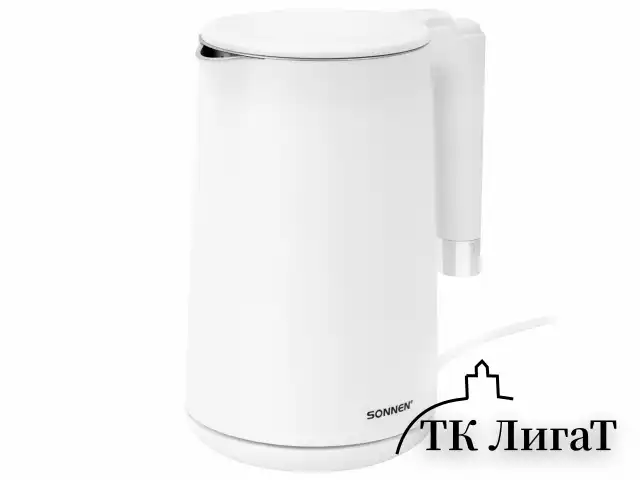 Чайник электрический с двойными стенками SONNEN KT-8719W, 1,5 л, 2200 Вт, белый, 454691