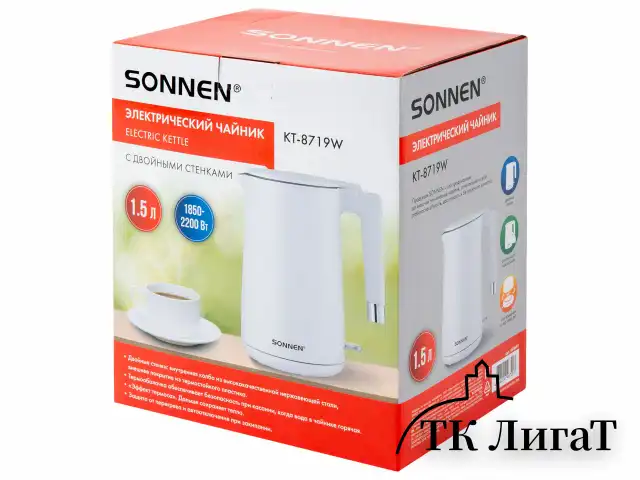 Чайник электрический с двойными стенками SONNEN KT-8719W, 1,5 л, 2200 Вт, белый, 454691