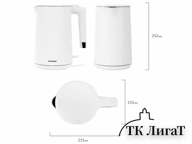 Чайник электрический с двойными стенками SONNEN KT-8719W, 1,5 л, 2200 Вт, белый, 454691