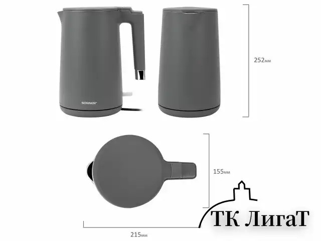 Чайник электрический с двойными стенками SONNEN KT-8719G, 1,5 л, 2200 Вт, графитовый, 454693