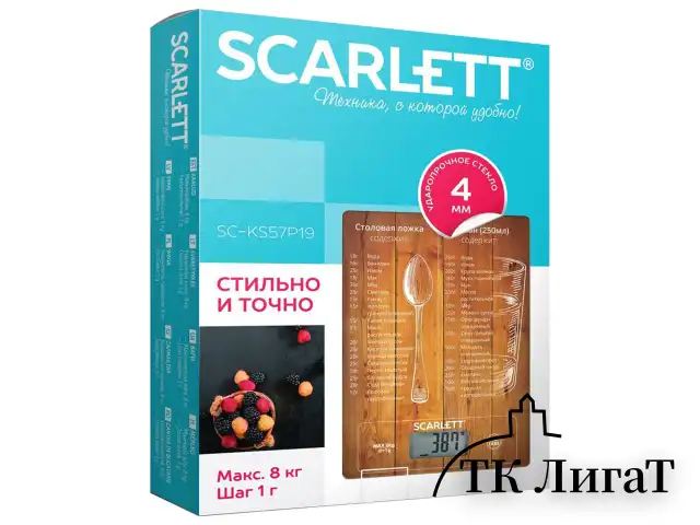 Весы кухонные SCARLETT SC-KS57P19, электронный дисплей, максимальный вес 10 кг, тарокомпенсация, стекло