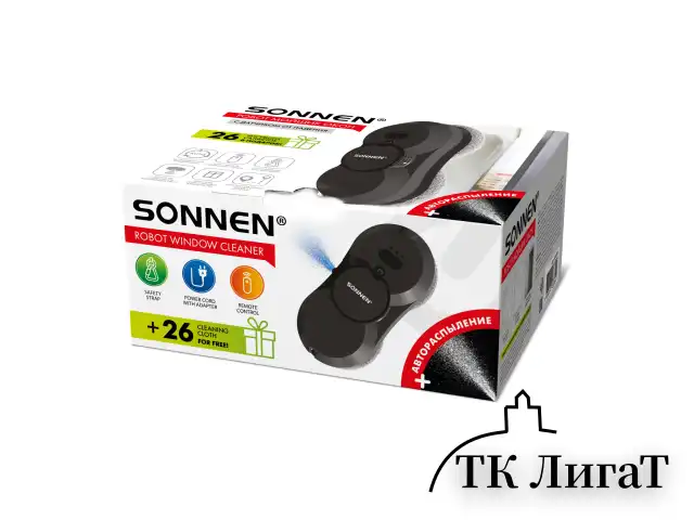 Робот-мойщик окон с автораспылением SONNEN Tech RWC-123 SPRAY, датчик от падения, 26 салфеток, пульт ДУ, 456236