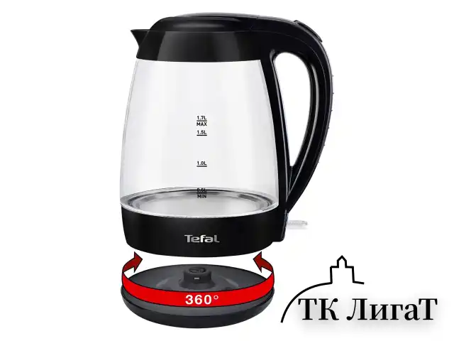 Чайник TEFAL KO450832, 1,7 л, 2400 Вт, закрытый нагревательный элемент, стекло, черный