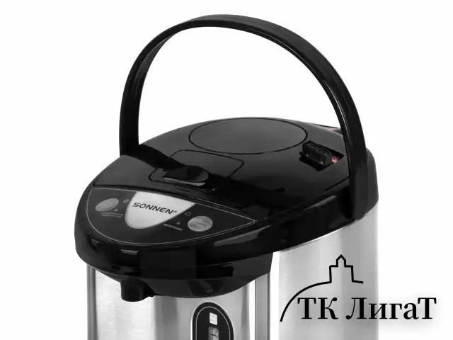 Термопот SONNEN TP-38, 4 л, 900 Вт, 1 температурный режим, 3 режима подачи воды, сталь, черный/серебро, 456710