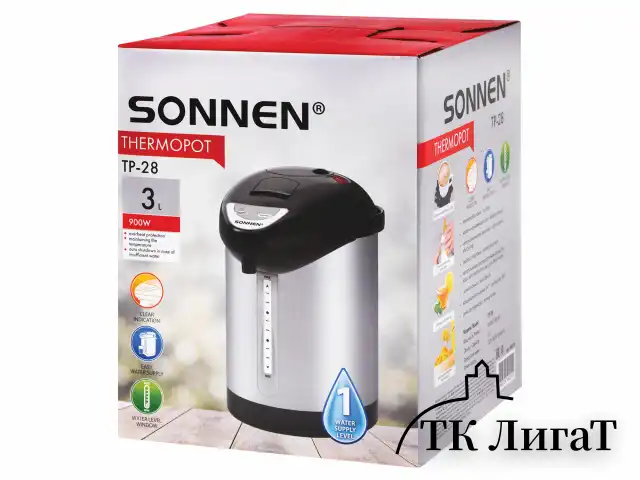 Термопот SONNEN TP-28, 3 л, 900 Вт, 1 температурный режим, ручной насос, сталь, черный/серебро, 456712