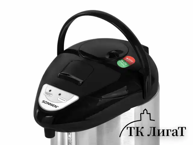 Термопот SONNEN TP-28, 3 л, 900 Вт, 1 температурный режим, ручной насос, сталь, черный/серебро, 456712
