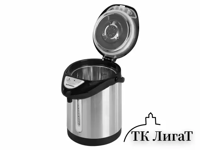 Термопот SONNEN TP-28, 3 л, 900 Вт, 1 температурный режим, ручной насос, сталь, черный/серебро, 456712