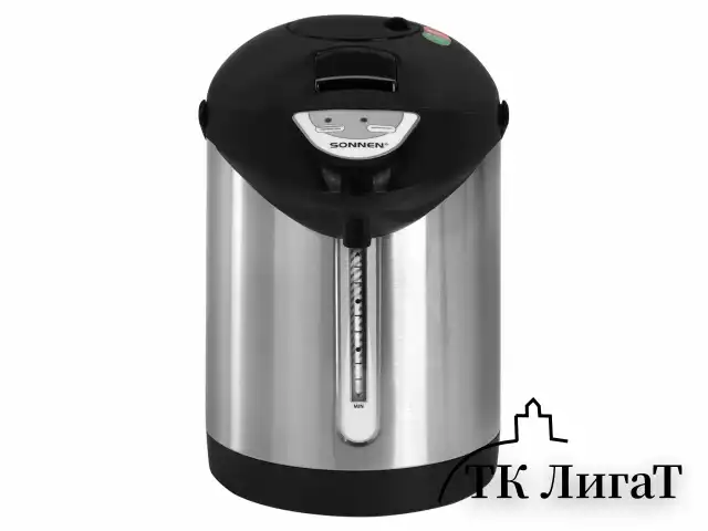 Термопот SONNEN TP-28, 3 л, 900 Вт, 1 температурный режим, ручной насос, сталь, черный/серебро, 456712