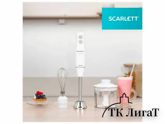 Блендер погружной SCARLETT SC-HB42F06, 850 Вт, 2 скорости, 3 насадки, стакан, белый