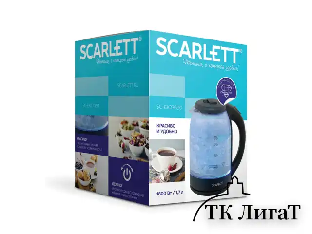 Чайник SCARLETT SC-EK27G90, 1,7 л, 1800 Вт, закрытый нагревательный элемент, стекло, черный