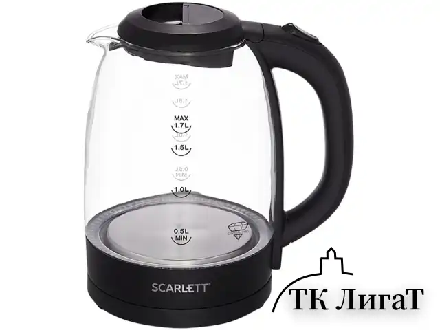 Чайник SCARLETT SC-EK27G11, 1,7 л, 2200 Вт, закрытый нагревательный элемент, стекло, черный