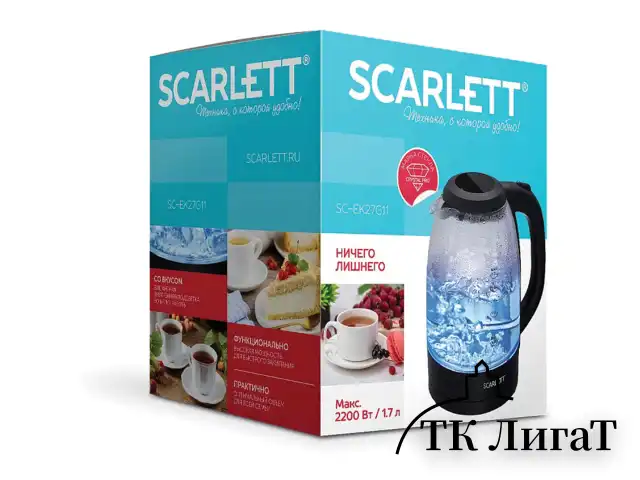 Чайник SCARLETT SC-EK27G11, 1,7 л, 2200 Вт, закрытый нагревательный элемент, стекло, черный