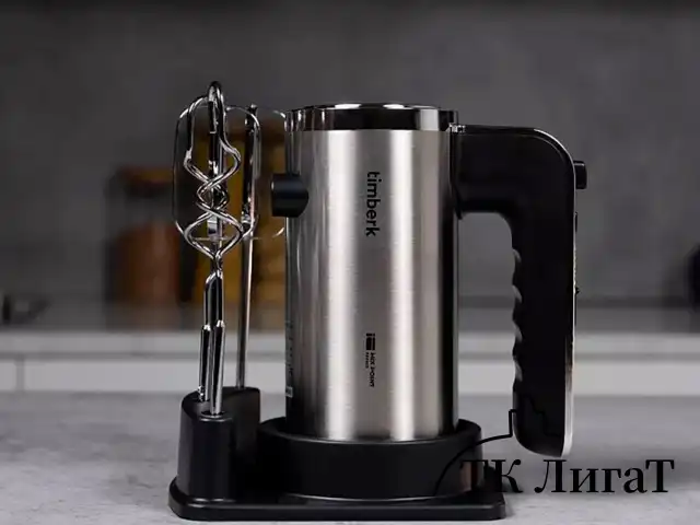 Миксер TIMBERK T-HM40S49, 550 Вт, 5 скоростей, 2 венчика, 2 крюка для теста, подставка, стальной