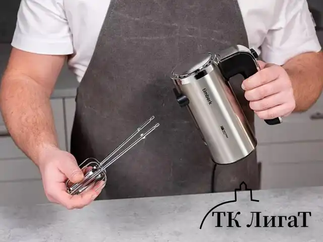 Миксер TIMBERK T-HM40S49, 550 Вт, 5 скоростей, 2 венчика, 2 крюка для теста, подставка, стальной
