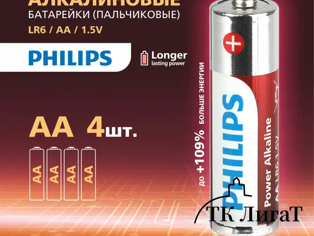 Батарейки алкалиновые "пальчиковые" КОМПЛЕКТ 4 шт., PHILIPS Power Alkaline, АА (LR6, 24А), блистер, Б0062746