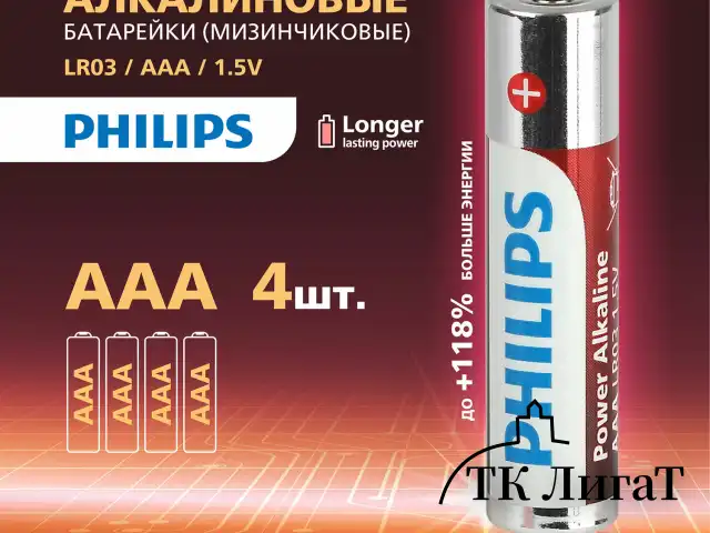 Батарейки алкалиновые "мизинчиковые" КОМПЛЕКТ 4 шт., PHILIPS Power Alkaline, ААА (LR03,15А), блистер, Б0062736