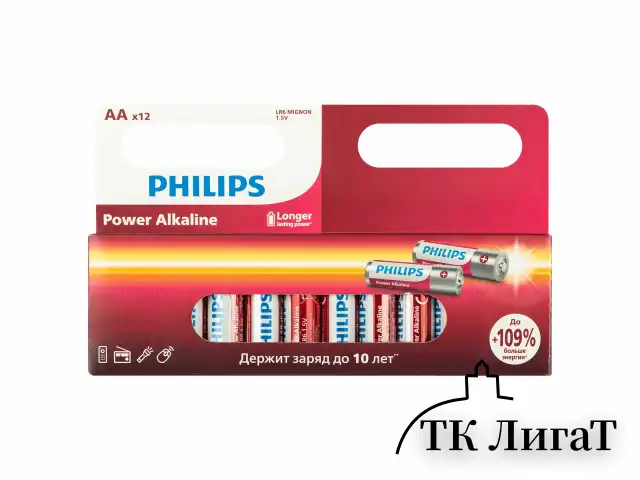 Батарейки алкалиновые "пальчиковые" КОМПЛЕКТ 12 шт., PHILIPS Power Alkaline, АА (LR6, 24А), блистер, Б0064661