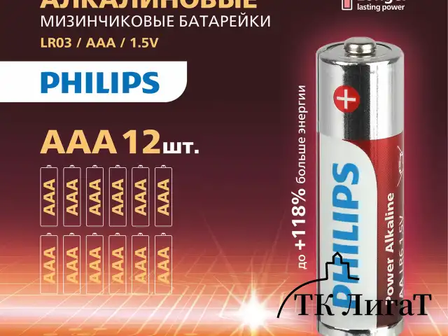Батарейки алкалиновые "мизинчиковые" КОМПЛЕКТ 12 шт., PHILIPS Power Alkaline, ААА (LR03, 15А), блистер, Б0064681