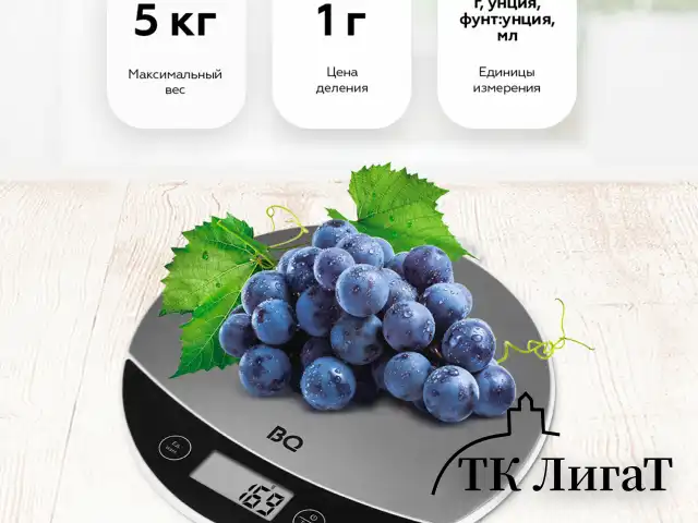 Весы кухонные BQ (БИ-КЬЮ) KS1002, электронный дисплей, максимальный вес 5 кг, тарокомпенсация, стальные, 86191597