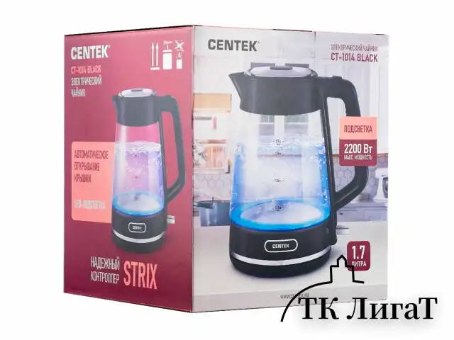 Чайник CENTEK CT-1014, 1,7 л, 2200 Вт, закрытый нагревательный элемент, стекло, черный, CT-1014 Black
