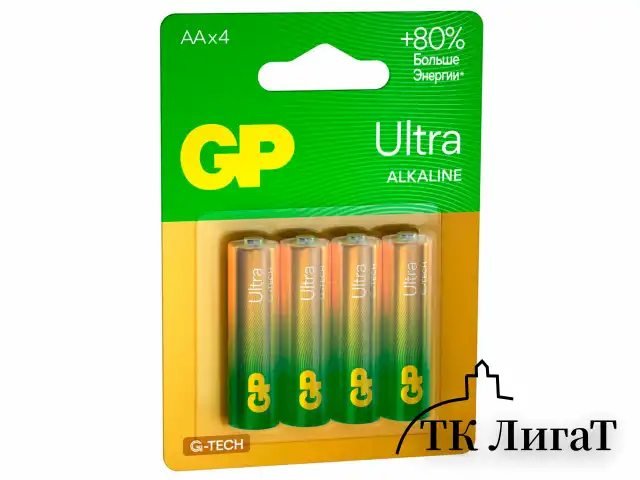 Батарейки КОМПЛЕКТ 4 шт., GP Ultra G-Tech, AA (LR6, 15А), алкалиновые, пальчиковые, 15AUA21-2CRSBC4