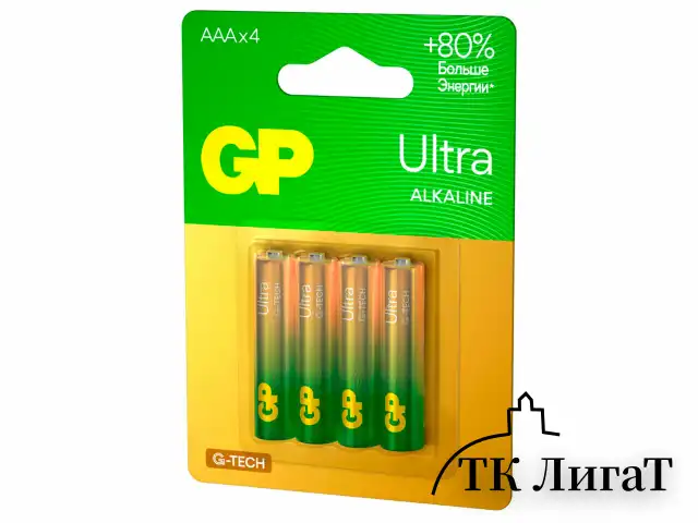 Батарейки КОМПЛЕКТ 4 шт., GP Ultra G-Tech, AAA (LR03, 24А), алкалиновые, мизинчиковые, 24AUA21-2CRSBC4