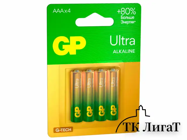 Батарейки КОМПЛЕКТ 4 шт., GP Ultra G-Tech, AAA (LR03, 24А), алкалиновые, мизинчиковые, 24AUA21-2CRSBC4