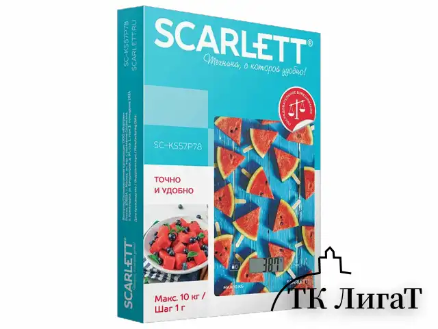 Весы кухонные SCARLETT SC-KS57P78, электронный дисплей, max вес 10 кг, тарокомпенсация, стекло