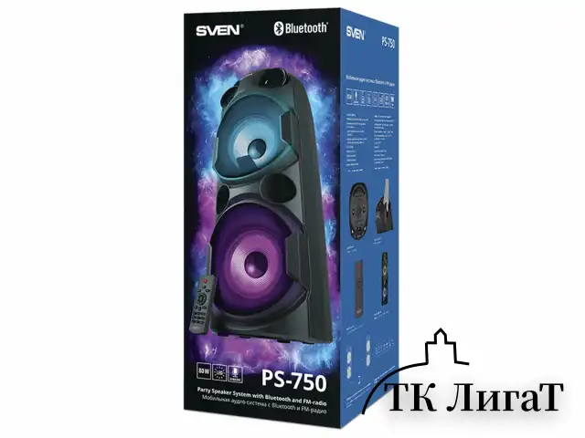 Колонка портативная SVEN PS-750, 80 Вт, TWS, Bluetooth, FM, USB, microSD, LED-дисп, черная, SV-019617