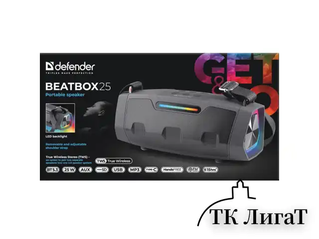 Колонка портативная DEFENDER Beatbox 25, 25 Вт, 3000 мАч, Bluetooth, FM, Type-C, черная, 65325