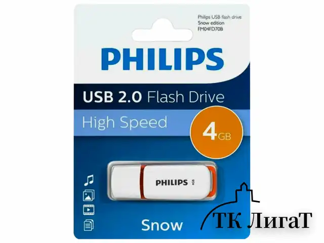 Флеш-диск 4 GB PHILIPS SNOW, разъем USB 2.0, оранжевый, FM04FD70B/97
