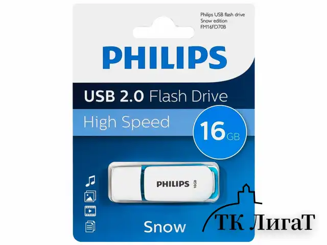 Флеш-диск 16 GB PHILIPS SNOW, разъем USB 2.0, синий, FM16FD70B/97