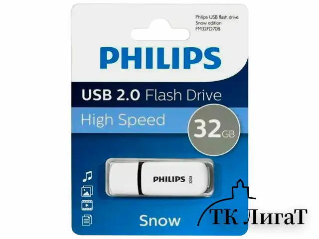 Флеш-диск 32 GB PHILIPS SNOW, разъем USB 2.0, черный, FM32FD70B/97