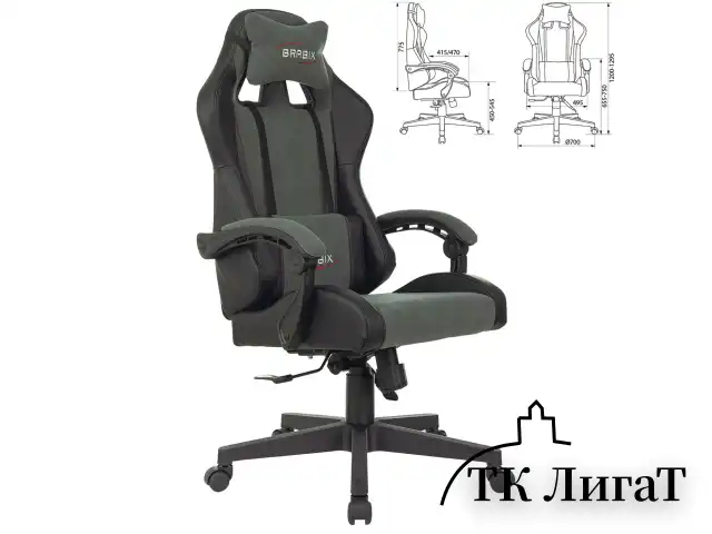 Кресло компьютерное BRABIX "Striker GM-121", синхромеханизм, 2 подушки, экокожа/велюр, черное/серое, 532961