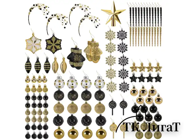 Шары новогодние ёлочные "Black&Gold", НАБОР 130 предметов, черный/золото, пластик, ЗОЛОТАЯ СКАЗКА, 592183