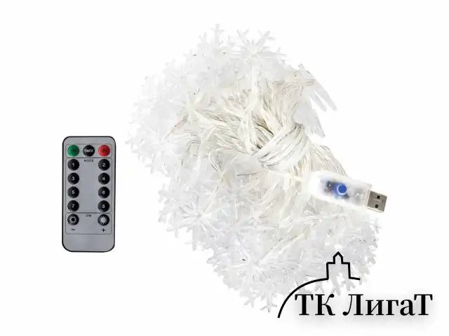Электрогирлянда-нить комнатная "Снежинки" 10 м, 80 LED, теплый белый, USB, ЗОЛОТАЯ СКАЗКА, 592204
