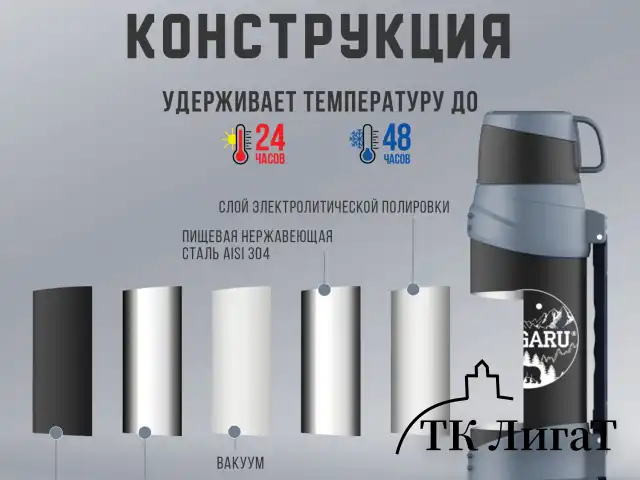 Термос классический, нержавеющая сталь 2 л, черно-серый, 2 кружки, ручка + ремешок, TAIGARU, 608818