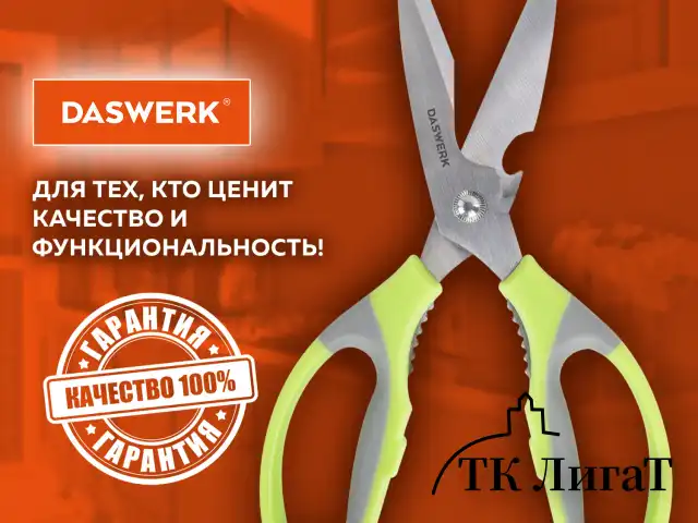 Ножницы кухонные DASWERK, 210 мм, с орехоколом, открывашкой, зазубренным лезвием, 608903