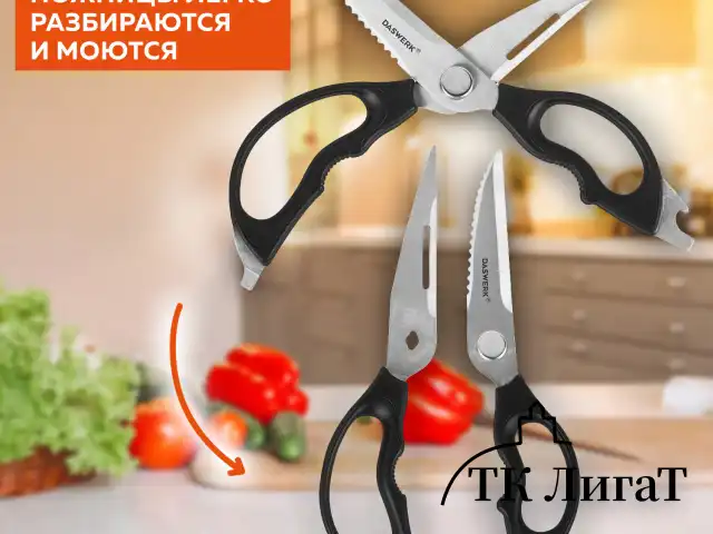 Ножницы кухонные DASWERK, 230 мм, разборные, с открывашками, зазубренные, 608906