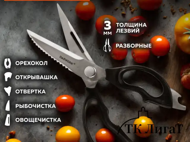 Ножницы кухонные DASWERK, 230 мм, разборные, с открывашками, зазубренные, 608906