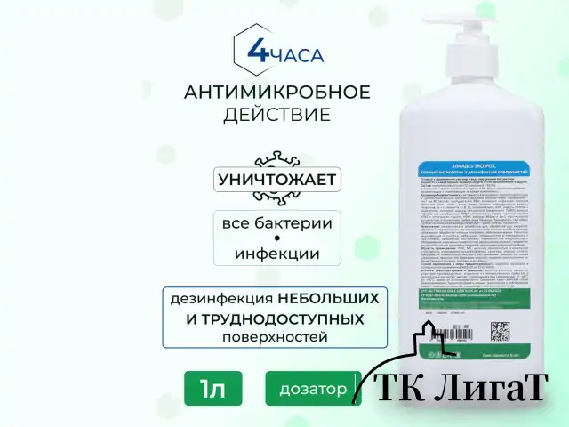 Антисептик для рук и поверхностей спиртовой (63%) с дозатором, 1 л, АЛМАДЕЗ-ЭКСПРЕСС, дезинфицирующий, жидкость, АЭ-504