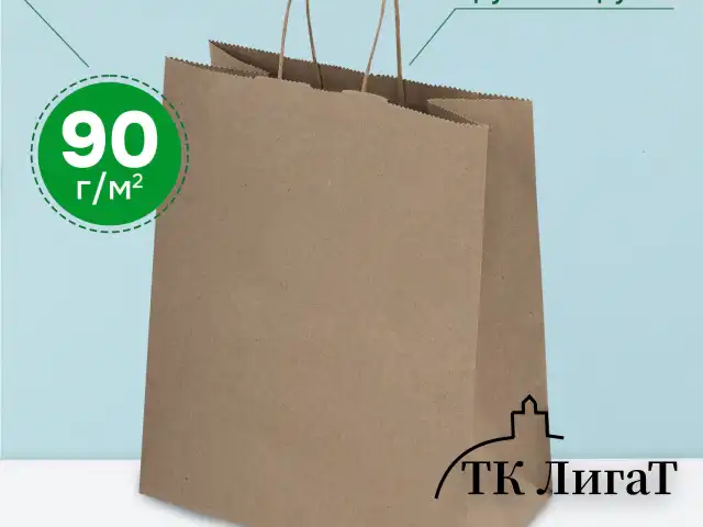 Крафт-пакет бумажный 26х15х35 см, КОМПЛЕКТ 50 шт., крученые ручки, плотность 90 г/м2, LAIMA ECO CRAFT, 609686