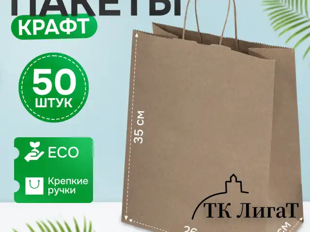 Крафт-пакет бумажный 26х15х35 см, КОМПЛЕКТ 50 шт., крученые ручки, плотность 90 г/м2, LAIMA ECO CRAFT, 609686