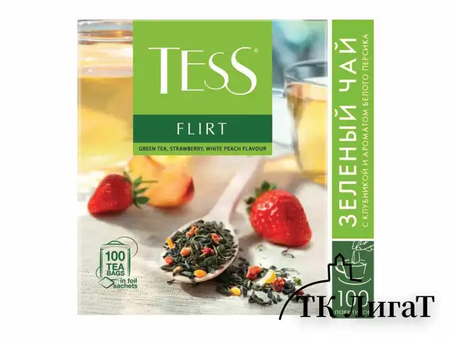 Чай TESS "Flirt" зеленый с клубникой и персиком, 100 пакетиков в конвертах по 1,5 г, 1476-09