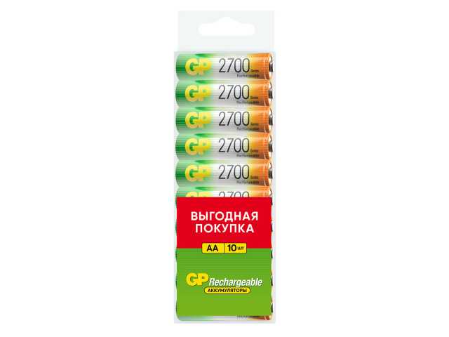 Батарейки аккумуляторные GP, АА (HR6), Ni-Mh, 2650 mAh, 10 шт, пластиковый бокс, 270AAHC-CRB10